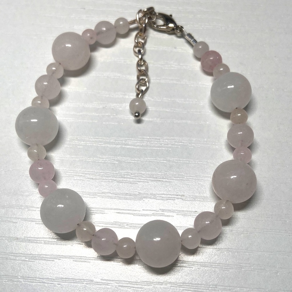Handmade rose quartz beaded bracelet.